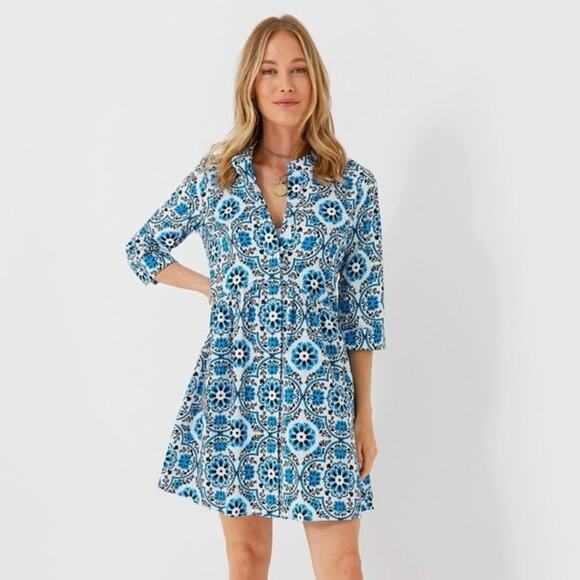 Tuckernuck Blue White Floral Royal Button Up Mini Dress Size Medium - Picture 1 of 6